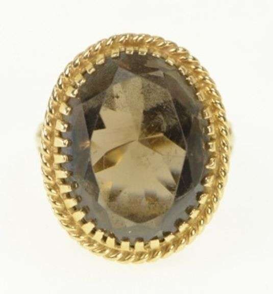 14K Yellow Gold Vintage Oval Smoky Quartz Cocktail Ring