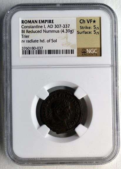Roman Empire Constantine I. AD 307-337 BI Reduced Nummus (4.39g) Trier rv radlate hd. of Sol