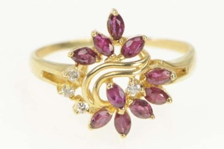 14K Yellow Gold Natural Ruby Diamond Cluster Freeform Ring