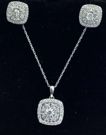 TIMELESS 10K WHITE GOLD MULTI DIAMOND CUSHION PENDANT NECKLACE AND STUD EARRINGS SET