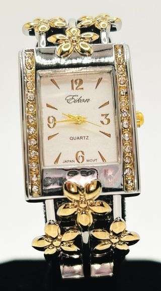 Beautiful Two-Tone Cuff Watch Bracelet with Gemstones