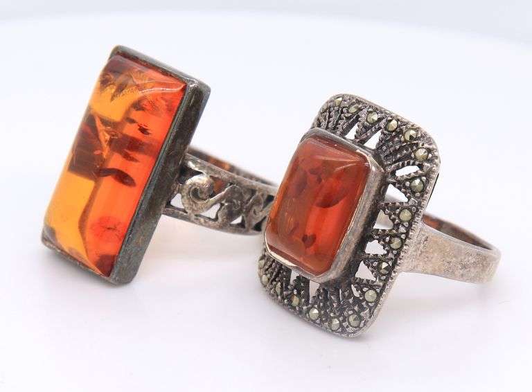 Lot of 2 Vintage 925 Sterling Silver Amber Rings