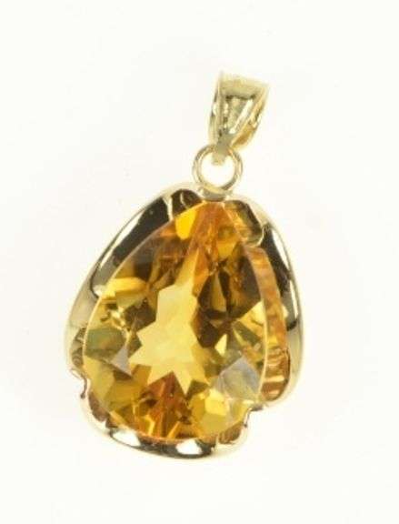 14K Yellow Gold Pear Citrine 60s Vintage Statement Pendant