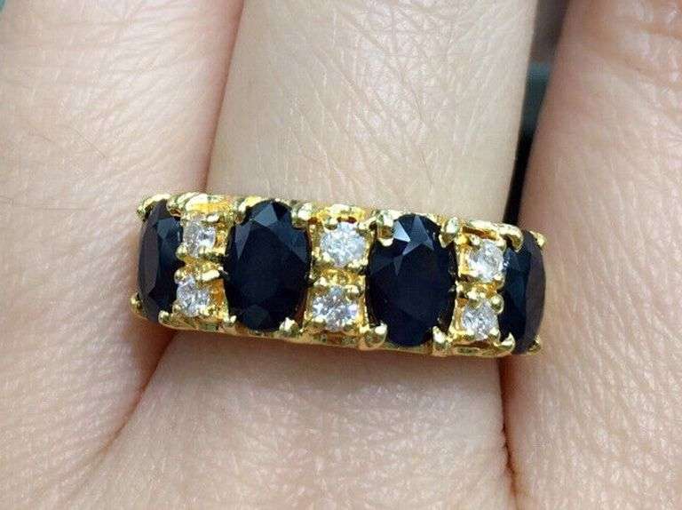 14KT SOLID YELLOW GOLD, BLUE SAPPHIRE, & DIAMOND BAND RING