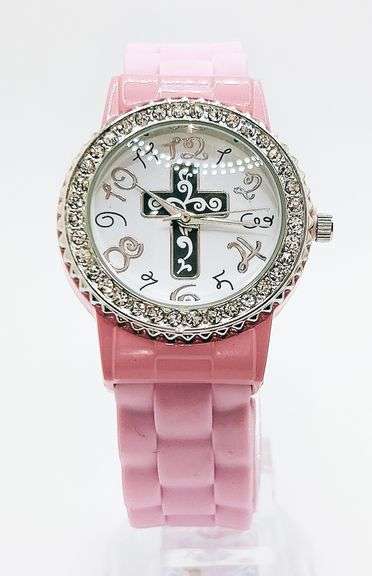 Fancy Pink Geneva Watch w/ Cross Graphic and Gemstones