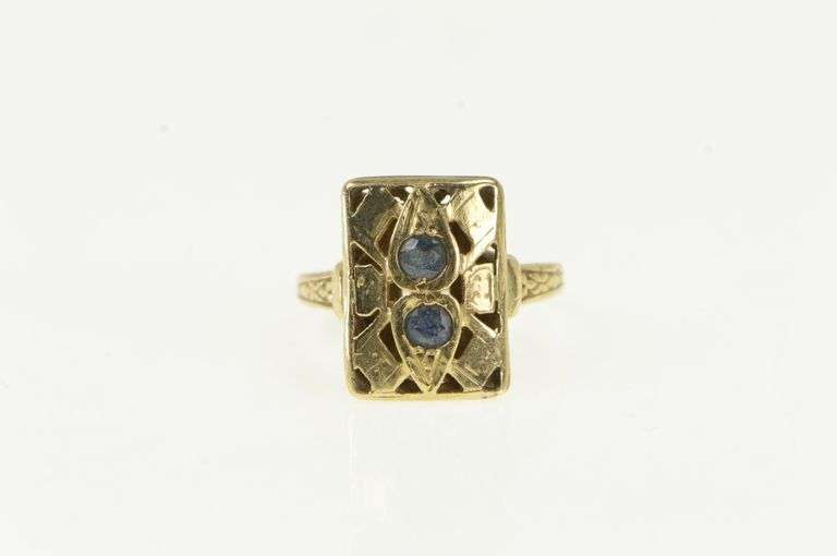 14K Yellow Gold Art Deco Sapphire Squared Ornate Vintage Ring