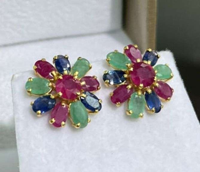 14KT YELLOW GOLD, RUBY, EMERALD, & BLUE SAPPHIRE EARRINGS