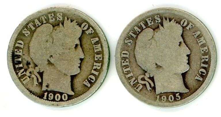 2 Different 'O' Mint Barber Dimes: 1900-O & 1905-O
