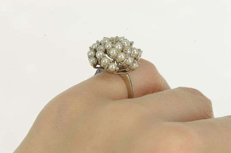 14K White Gold 1950's Pearl Diamond Cocktail Swirl Vintage Ring