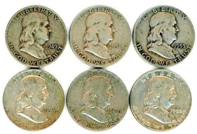 6 Different Silver Franklin Half Dollars