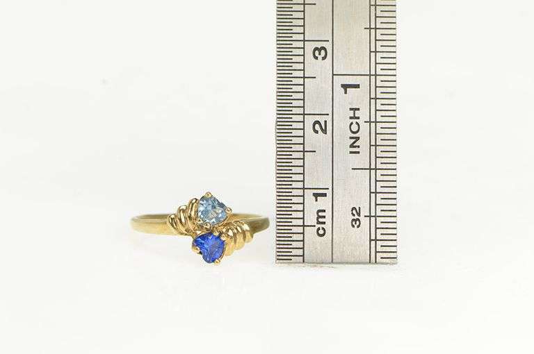 10K Yellow Gold Heart Blue Topaz Syn. Sapphire Bypass Ring