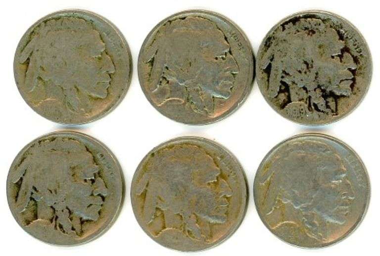 6 Different Buffalo Nickels: 1916-S-1929-S