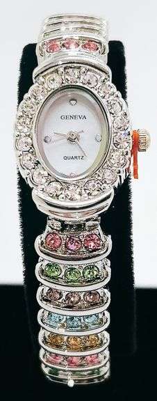 Ladies Geneva & Gemstone Watch, 18kt White Gold Plated