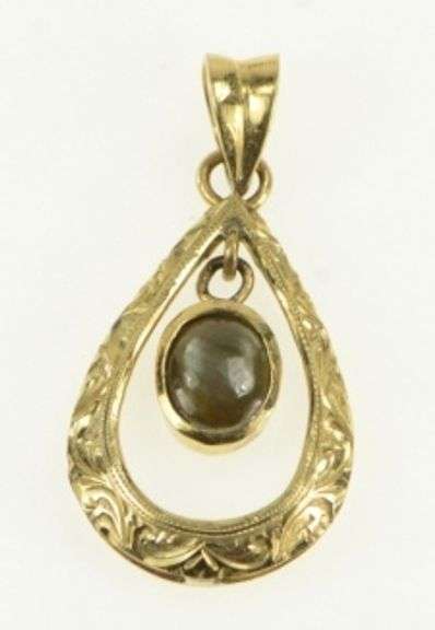 14K Yellow Gold Black Cat's Eye Engraved Tear Drop Dangle Pendant