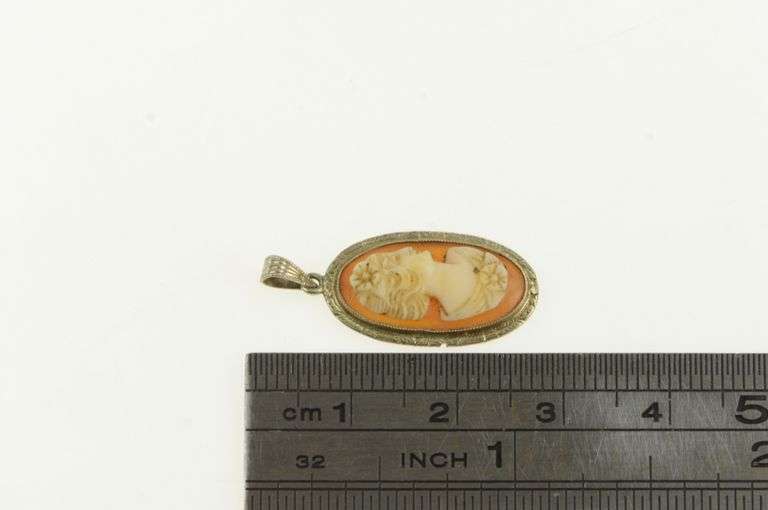 14K White Gold Victorian Carved Shell Cameo Lady Oval Pendant