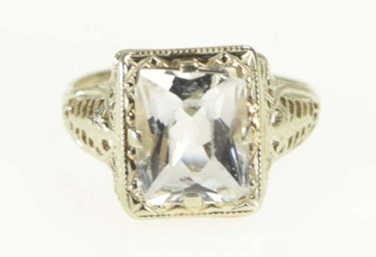 14K White Gold Art Deco Filigree CZ Elaborate Statement Ring