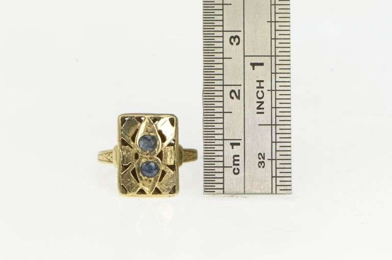 14K Yellow Gold Art Deco Sapphire Squared Ornate Vintage Ring