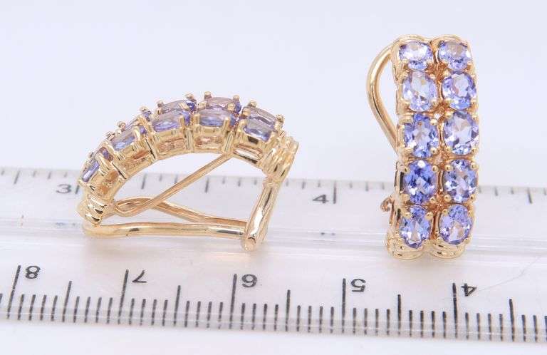 Handsome Yellow Gold Oval Tanzanite Two Row Huggie Earrings