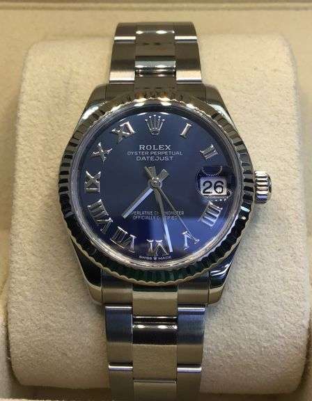 STUNNING ROLEX- DATEJUST FLUTED 18K WHITE GOLD BEZEL WATCH-BLUE ROMAN DIAL-OYSTER BRACELET