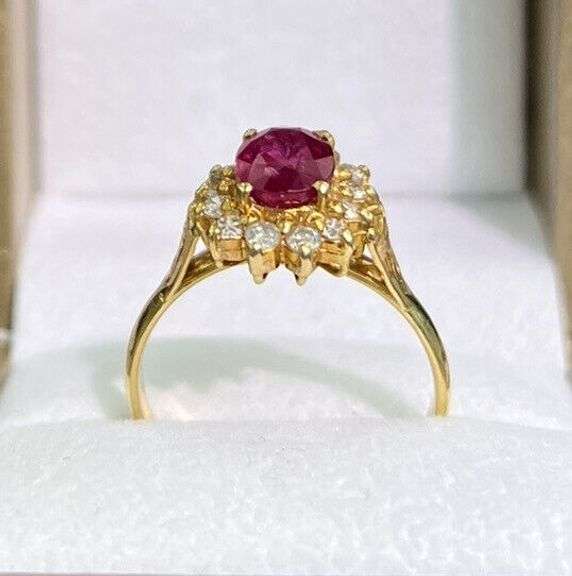 14KT SOLID YELLOW GOLD NATURAL RUBY & DIAMOND COCKTAIL RING
