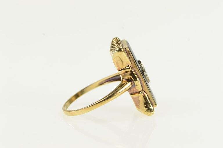 10K Yellow Gold Black Onyx Diamond Overlay Statement Ring