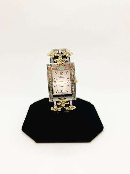 Beautiful Two-Tone Cuff Watch Bracelet with Gemstones