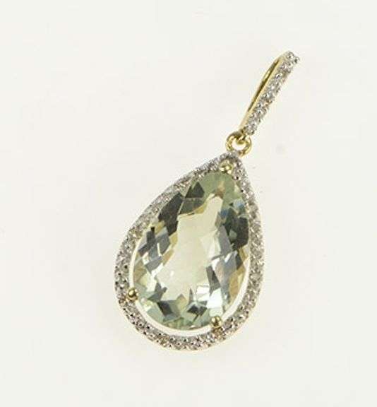 10K Yellow Gold Faceted Pear Prasiolite Diamond Halo Pendant