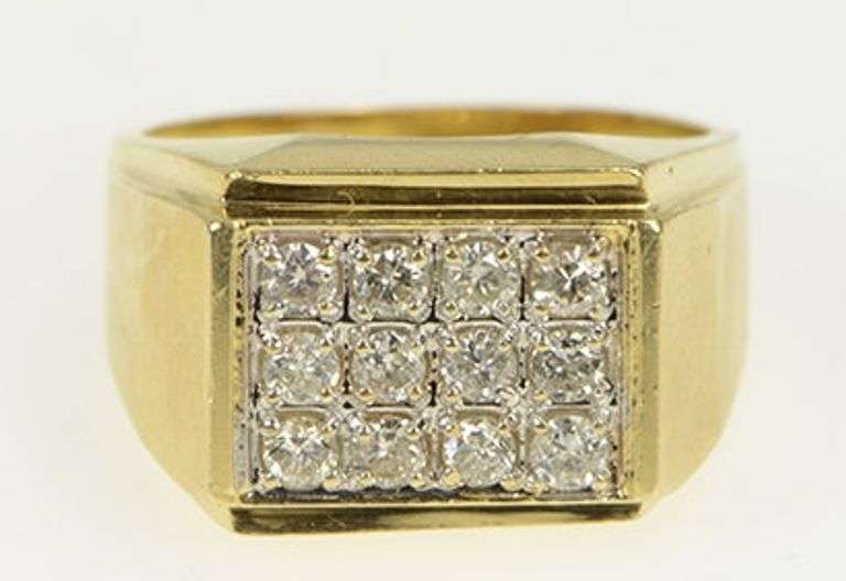 14K Yellow Gold 0.75 Ctw Diamond Men's Squared Cluster Ring
