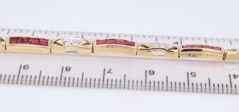Pleasing Yellow Gold Princess Cut Ruby and Diamond Link Bracelet