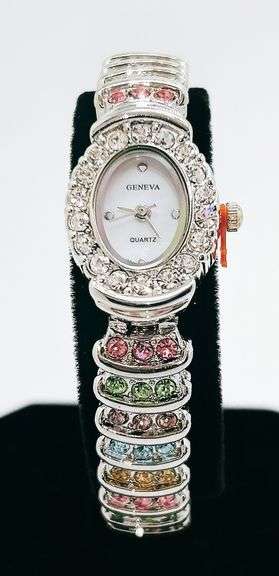 Ladies Geneva & Gemstone Watch, 18kt White Gold Plated
