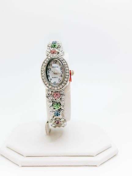 Ladies Geneva & Gemstone Watch, 18kt White GP Cuff