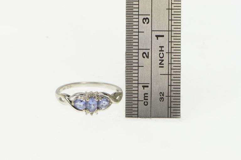 10K White Gold Tanzanite Three Stone Diamond Accent Vintage Ring