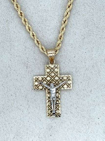 14K TWO - TONE FILIGREE CROSS WITH CHAIN