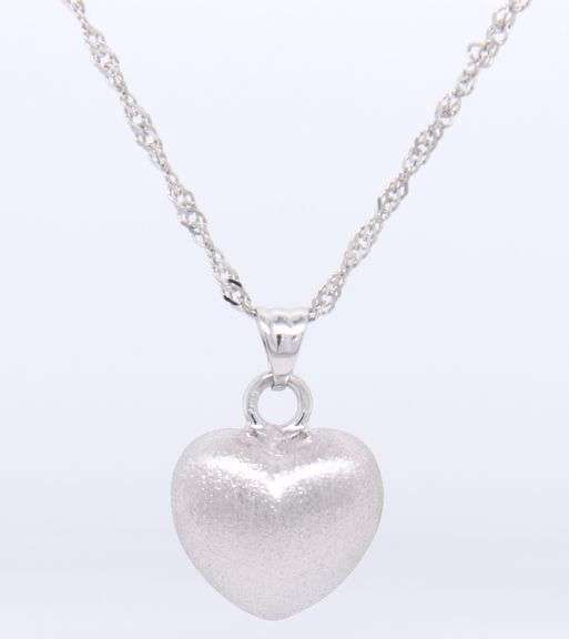 Charming White Gold Puffed Heart Pendant on Rope Chain