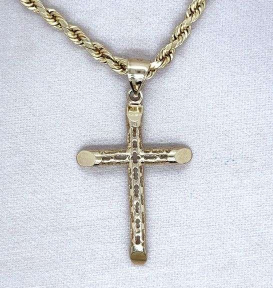 14K YELLWO GOLD FILIGREE CROSS PENDANT NECKLACE