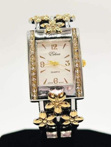 Beautiful Two-Tone Cuff Watch Bracelet with Gemstones