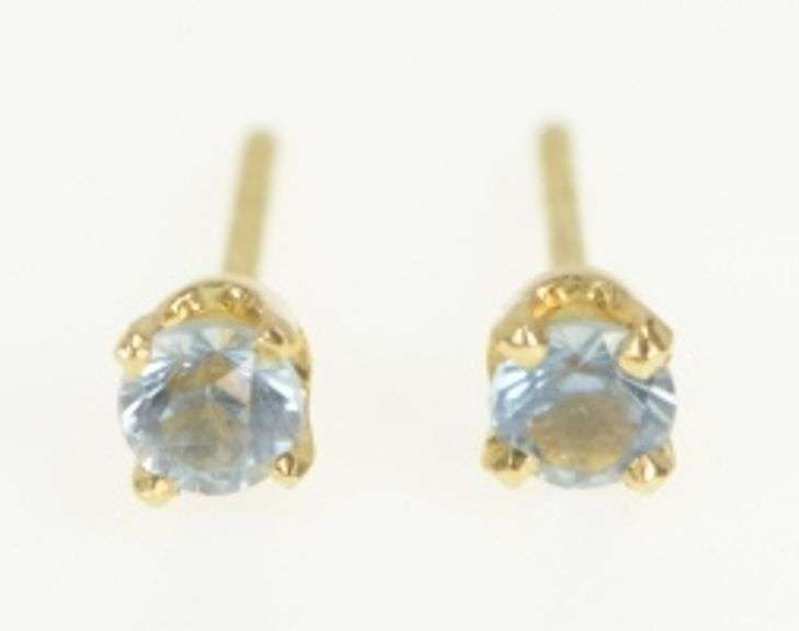 14K Yellow Gold Round Blue Topaz Vintage Classic Stud Earrings