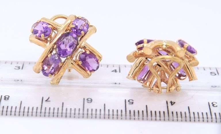 Fabulous Yellow Gold 5ctw Oval Amethyst X Earrings