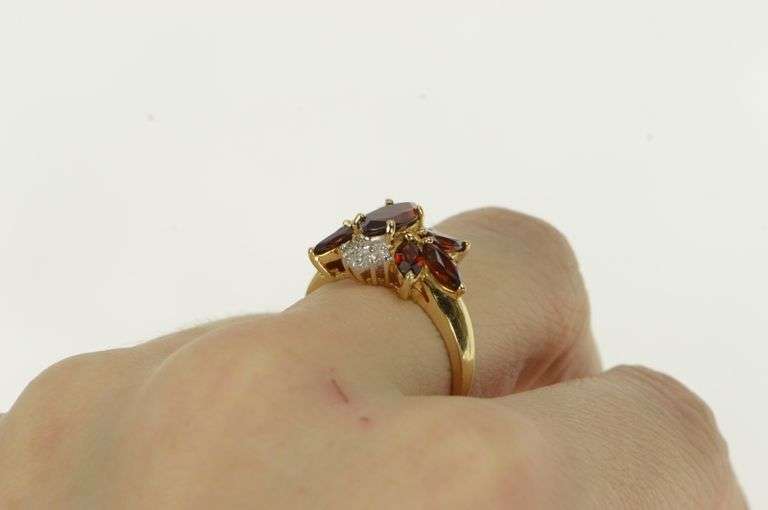 14K Yellow Gold Marquise Garnet Diamond Cluster Statement Ring