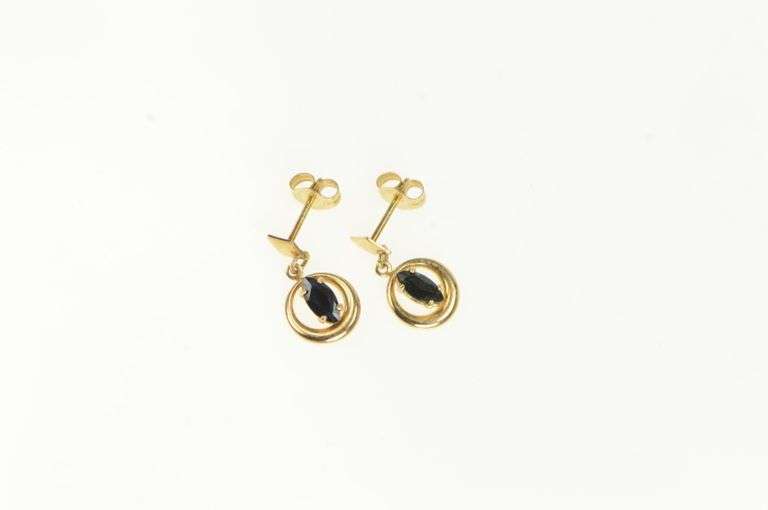 14K Yellow Gold Marquise Natural Sapphire Round Dangle Earrings