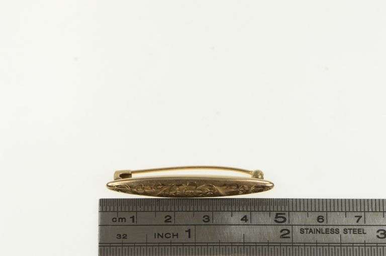 10K Yellow Gold Victorian Floral Scroll Engraved Domed Bar Pin/Brooch