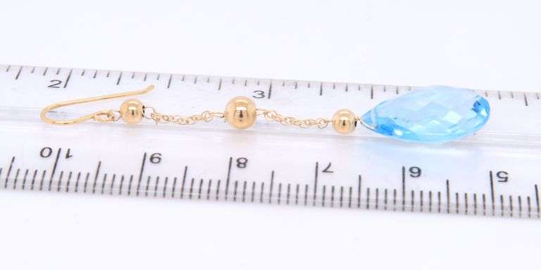 Attractive Yellow Gold Pear Shaped Blue Topaz Dangle Earrings