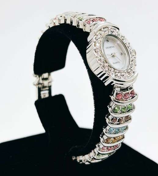 Ladies Geneva & Gemstone Watch, 18kt White Gold Plated