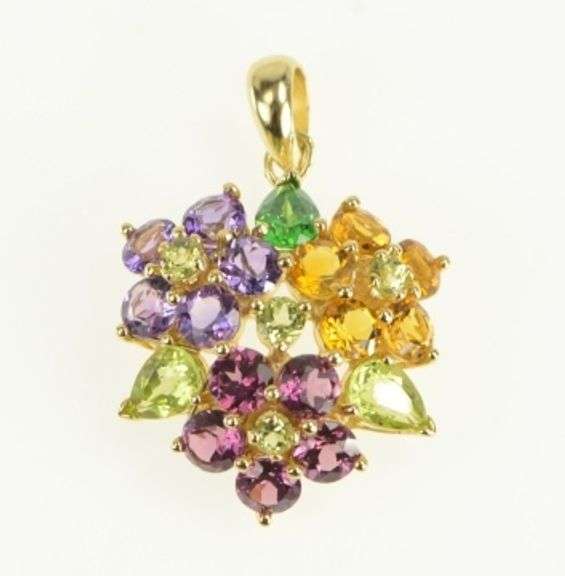 14K Yellow Gold Peridot Amethyst Flower Cluster Statement Pendant