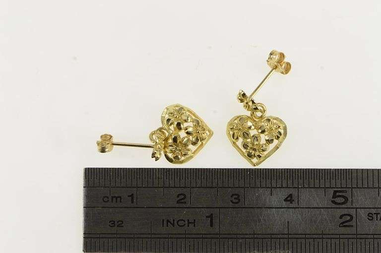 14K Yellow Gold Flower Pattern Heart Love Symbol Dangle Earrings