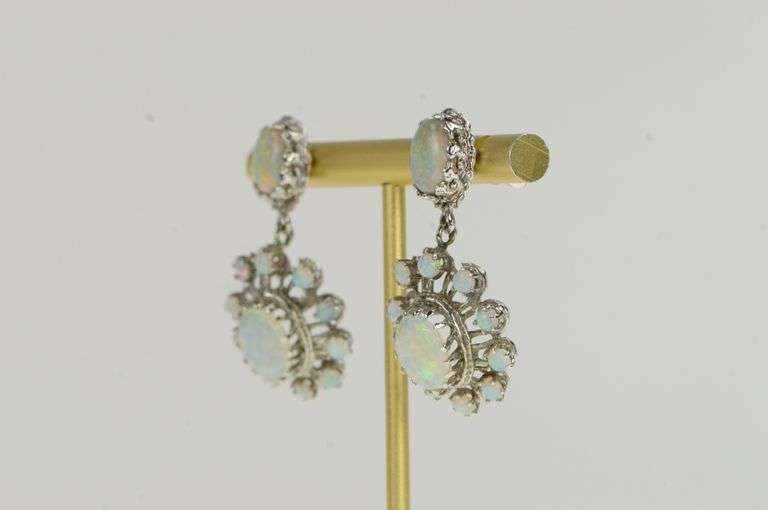 14K White Gold Ornate Classic Oval Natural Opal Halo Dangle Earrings