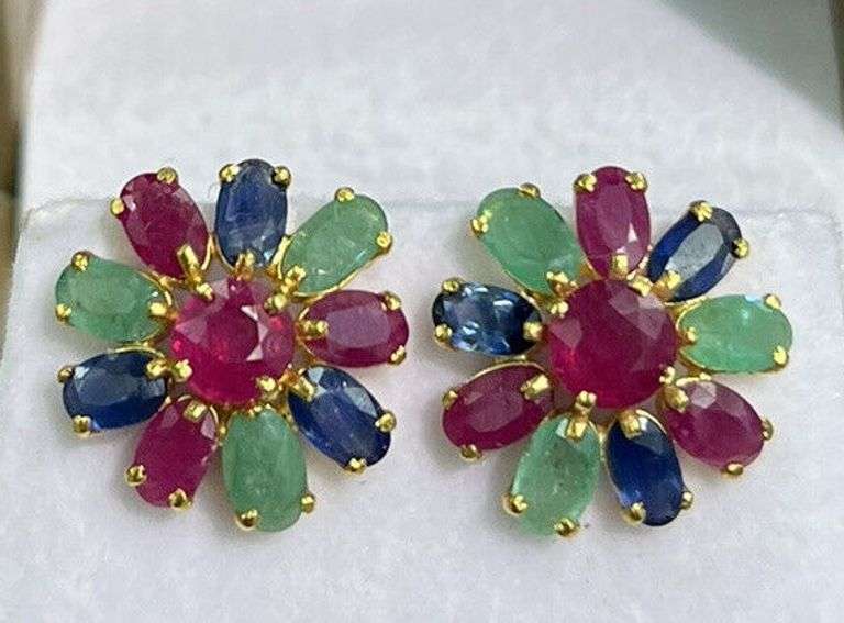 14KT SOLID YELLOW GOLD, RUBY, EMERALD, AND BLUE SAPPHIRE FLOWER EARRINGS
