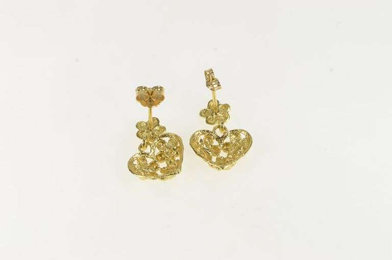 14K Yellow Gold Flower Pattern Heart Love Symbol Dangle Earrings