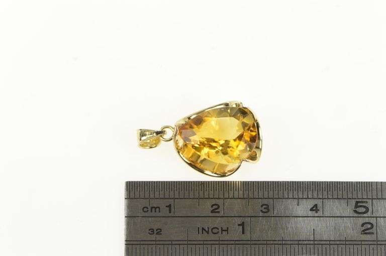 14K Yellow Gold Pear Citrine 1960's Ornate Vintage Statement Pendant