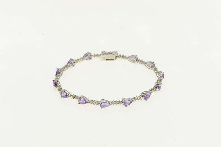 10K White Gold Pear Amethyst Diamond Accent Vintage Tennis Bracelet